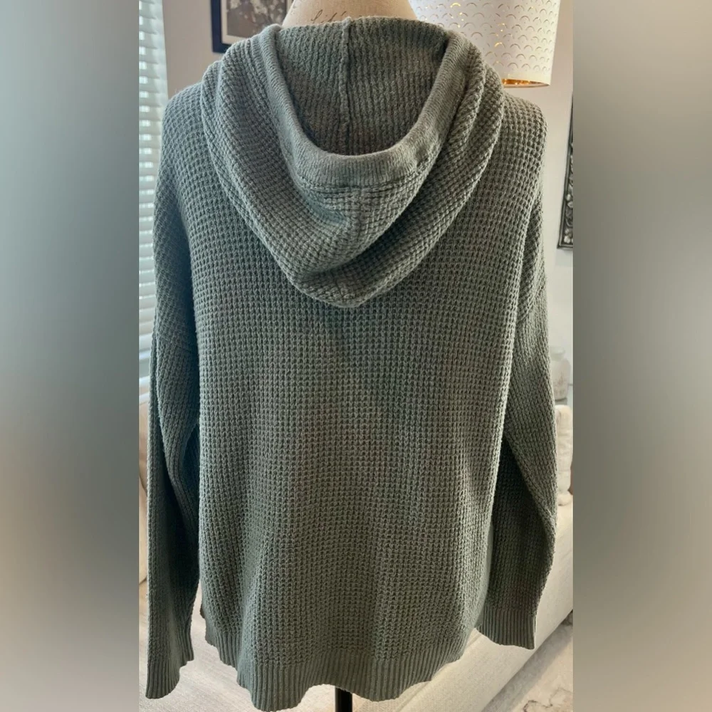 aerie Sage Waffleknit Sweater Green Hooded Sweatshirt Pockets Size Small - Picture 3 of 14
